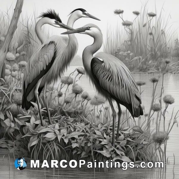 A black and white drawing of two cranes by a lake