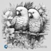 A black and white drawing of two parrots surrounded by flowers
