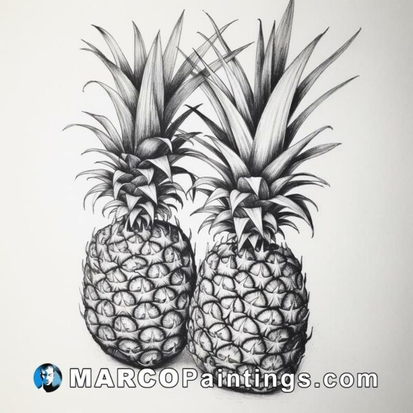 A black and white drawing of two pineapples