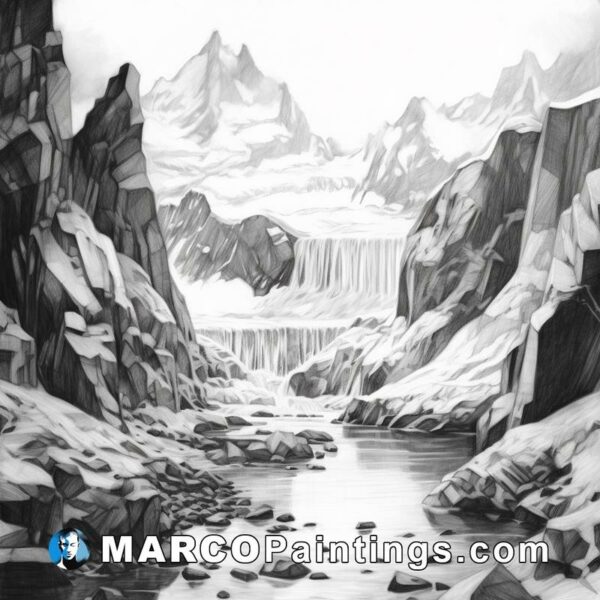 A black and white drawing of water at the bottom of an alpine valley