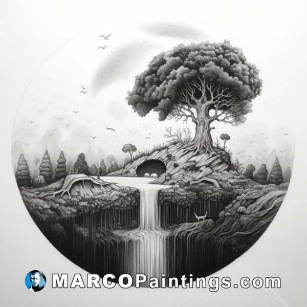 A black and white drawing showing a tree and waterfall