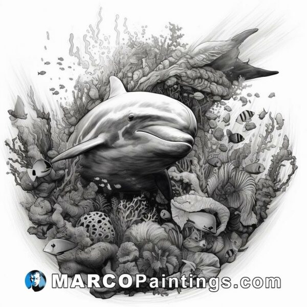 A black and white drawing with a dolphin and some plants