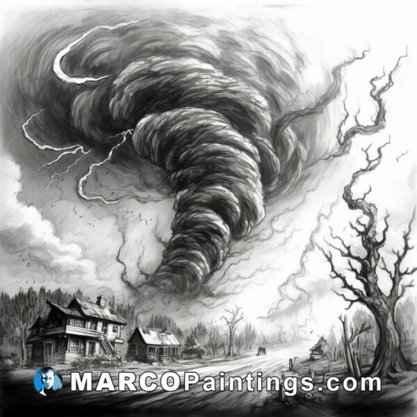 A black and white drawing with an old house and tornado