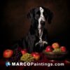 A black and white great dane sitting beside a bowl with fruits and grapes