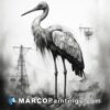 A black and white illustration of a stork standing near power lines