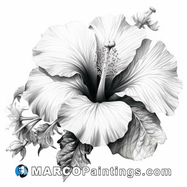A black and white illustration of an hibiscus flower
