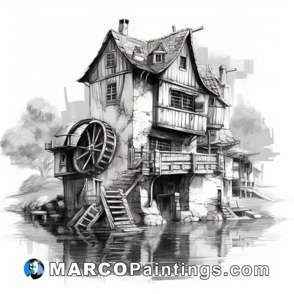 A black and white illustration of an old water wheel in a house