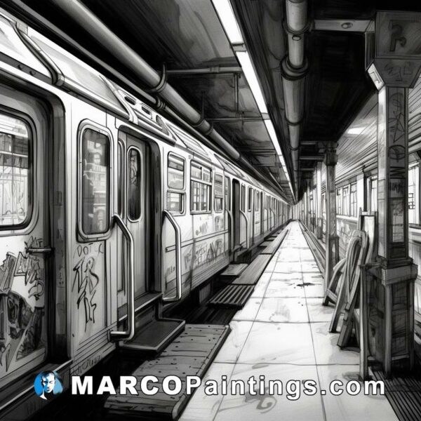 A black and white line drawing of a subway on a black and white background