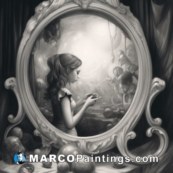 A black and white painting from artreef of alice looking into a mirror