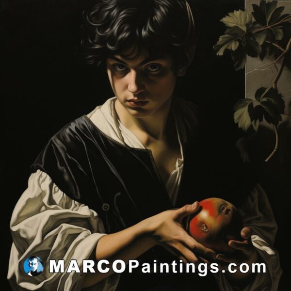 A black and white painting of a boy holding an apple