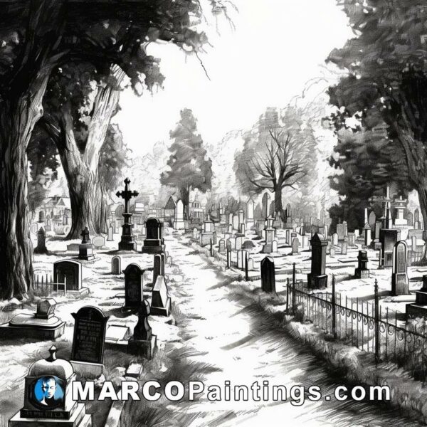 A black and white painting of a cemetery