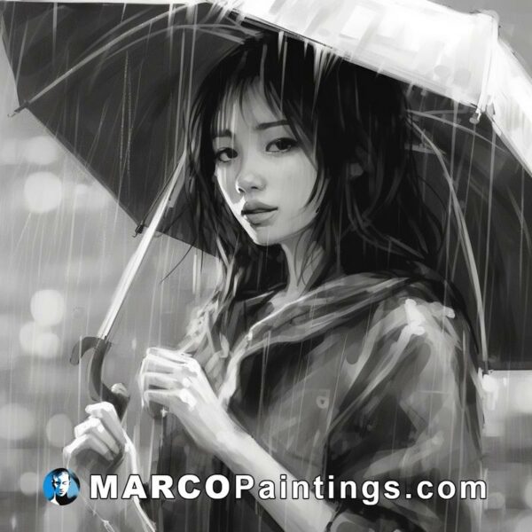 A black and white painting of a girl holding an umbrella