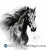 A black and white painting of a horse running