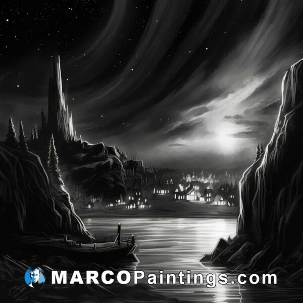 A black and white painting of a river by night