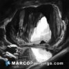 A black and white painting of a river from inside of a cave