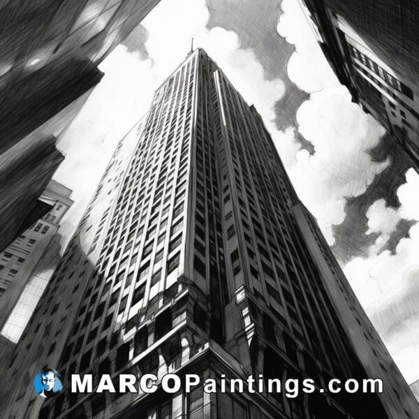 A black and white painting of a skyscraper
