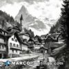 A black and white painting of a small village in the swiss alps