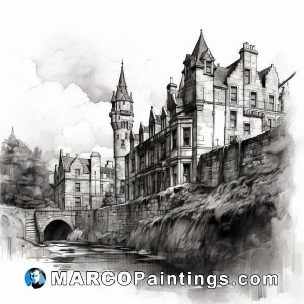 A black and white painting of an old castle that is located near a river
