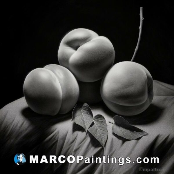 A black and white painting of some peaches