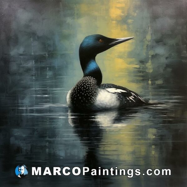 A black and white painting with a blue and yellow loon