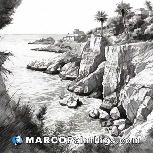 A black and white pencil drawing of a cliff with palm trees