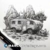 A black and white pencil drawing of an old rv