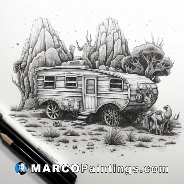 A black and white pencil drawing of an old rv