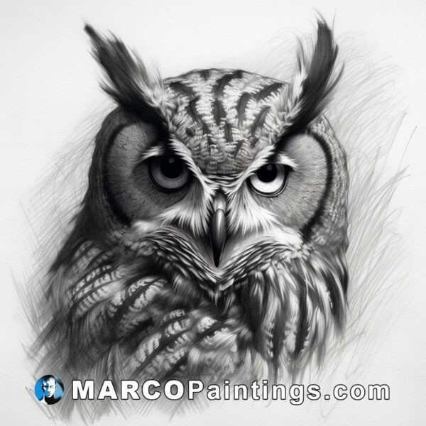 A black and white pencil drawing of an owl