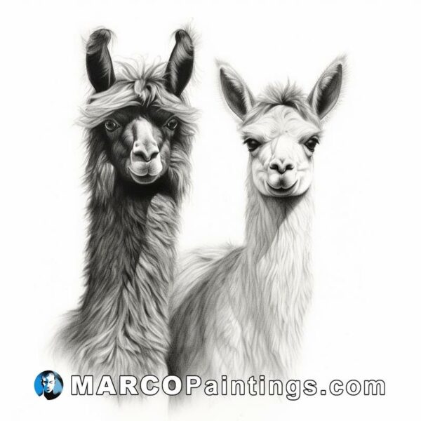 A black and white pencil drawing of two llamas