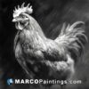 A black and white portrait of a rooster