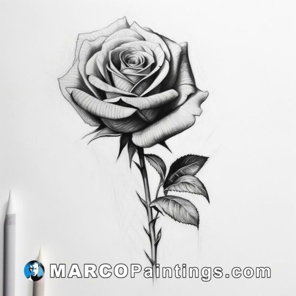 A black and white rose drawing with pencils next to it