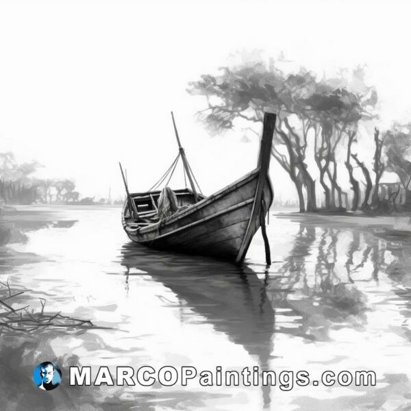 A black and white sketch of a boat in a water