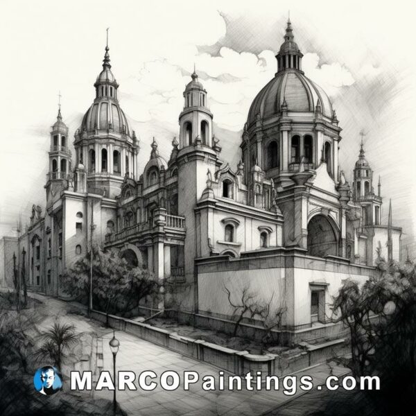 A black and white sketch of a city scene with a city cathedral