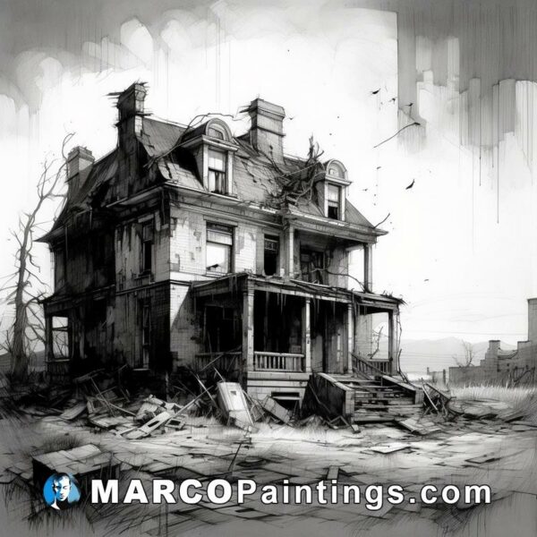 A black and white sketch of a ruined house
