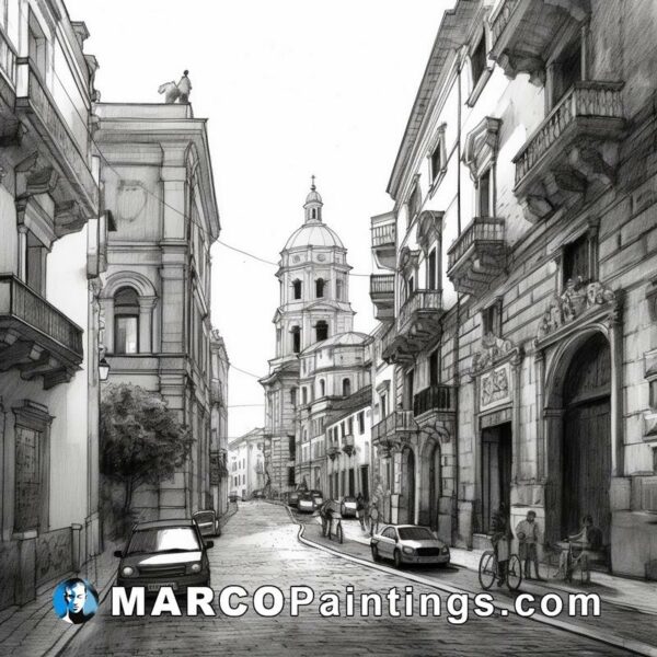 A black and white sketch of a street in an old town