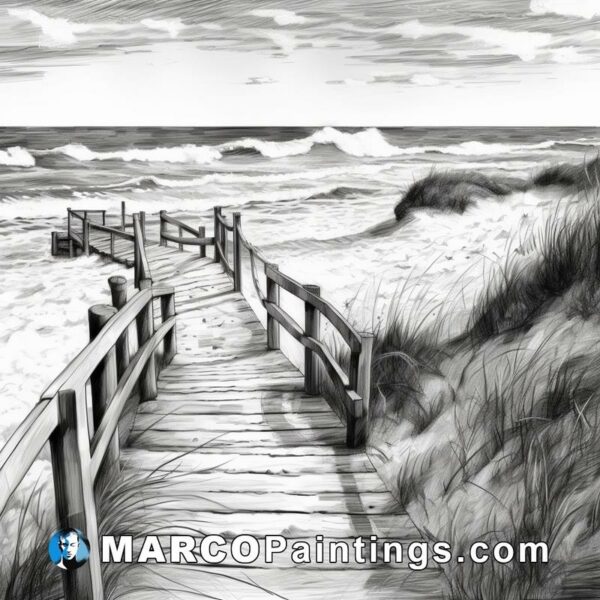 A black and white sketch of a wooden boardwalk leading to the beach