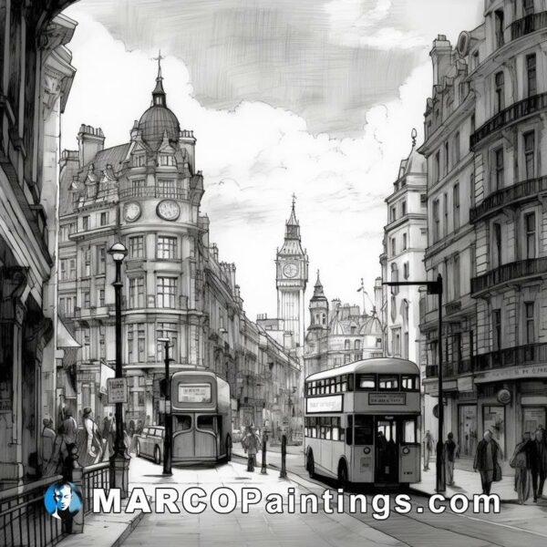 A black and white sketch of uk street in london