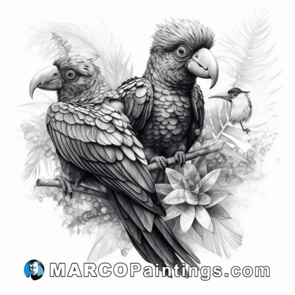 A black and white tattoo with parrots on it