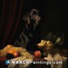A black dog with fruit on a table