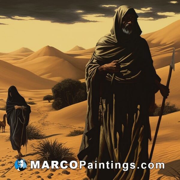 A black man with a spear walking through the desert