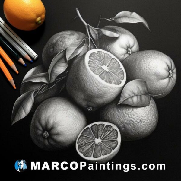 A black n white drawing of oranges and pears