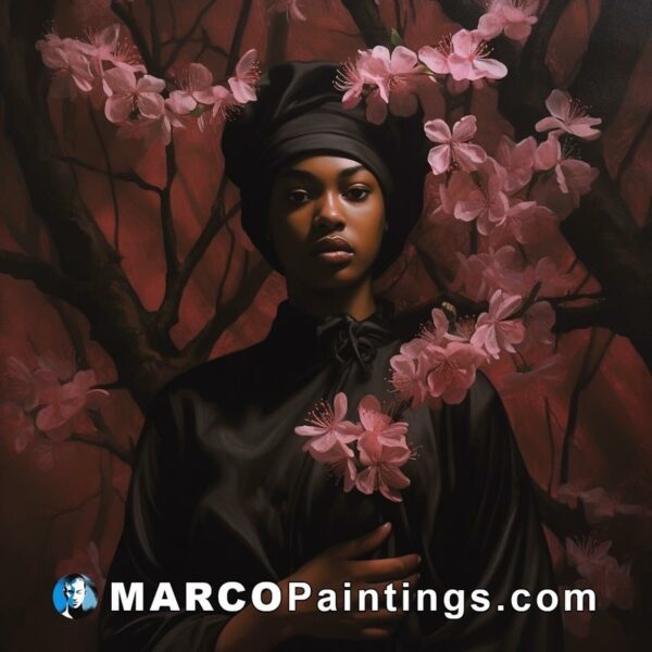 A black painting of a woman holding cherry blossoms