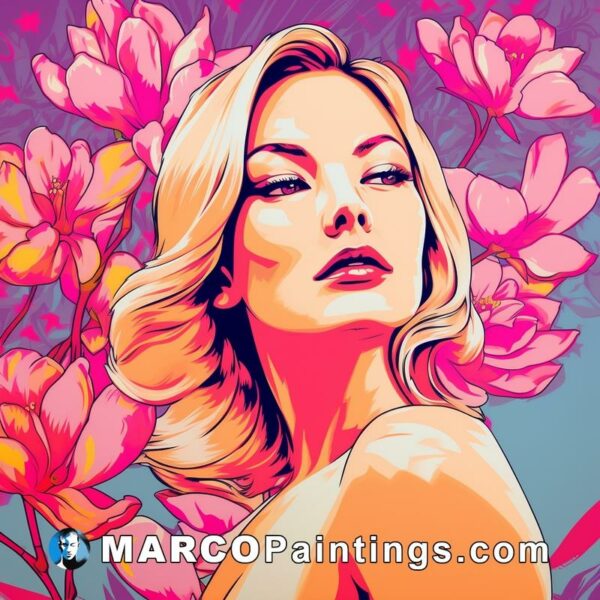 A blonde lady in a pink floral background
