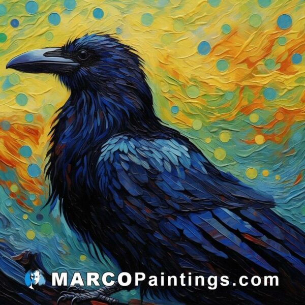 A blue and yellow painting of a raven on a branch