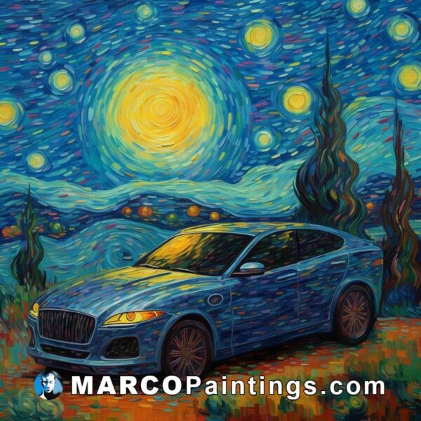 A blue jaguar car on the night sky