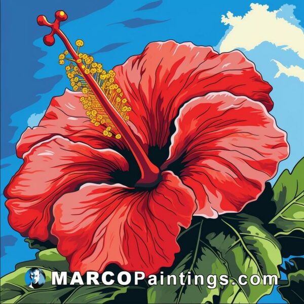A blue sky above a giant red hibiscus