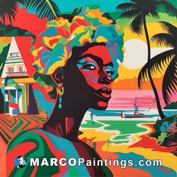 A bold tropical painting of an african woman in beach front