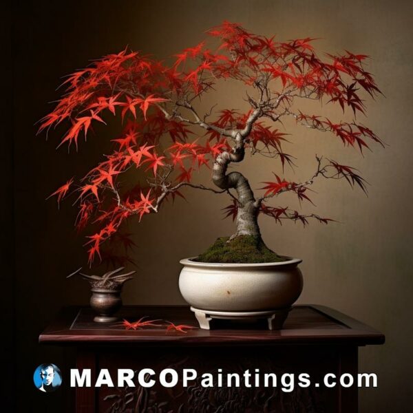 A bonsai tree filled with red leaves