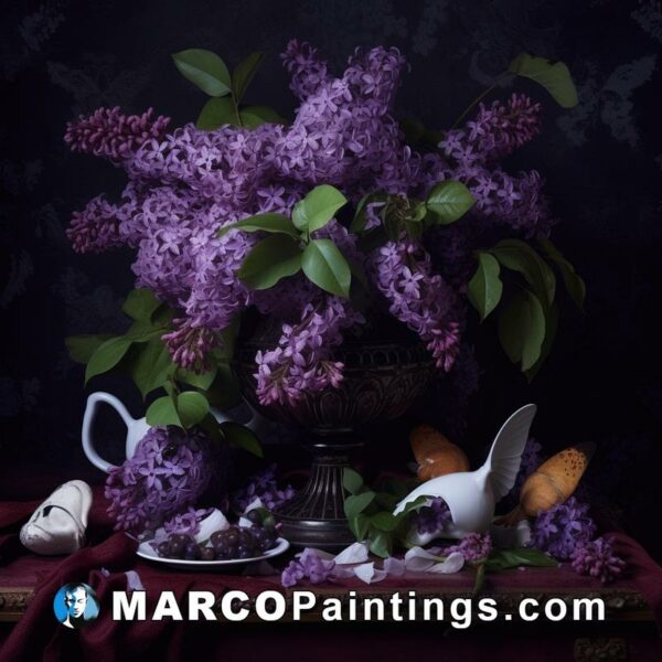 A bowl of purple lilac flowers and a plate of food