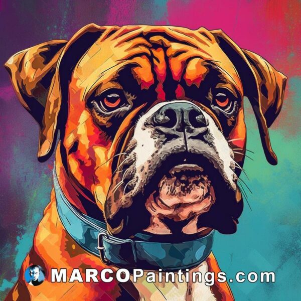A boxer dog sitting on a bright color background
